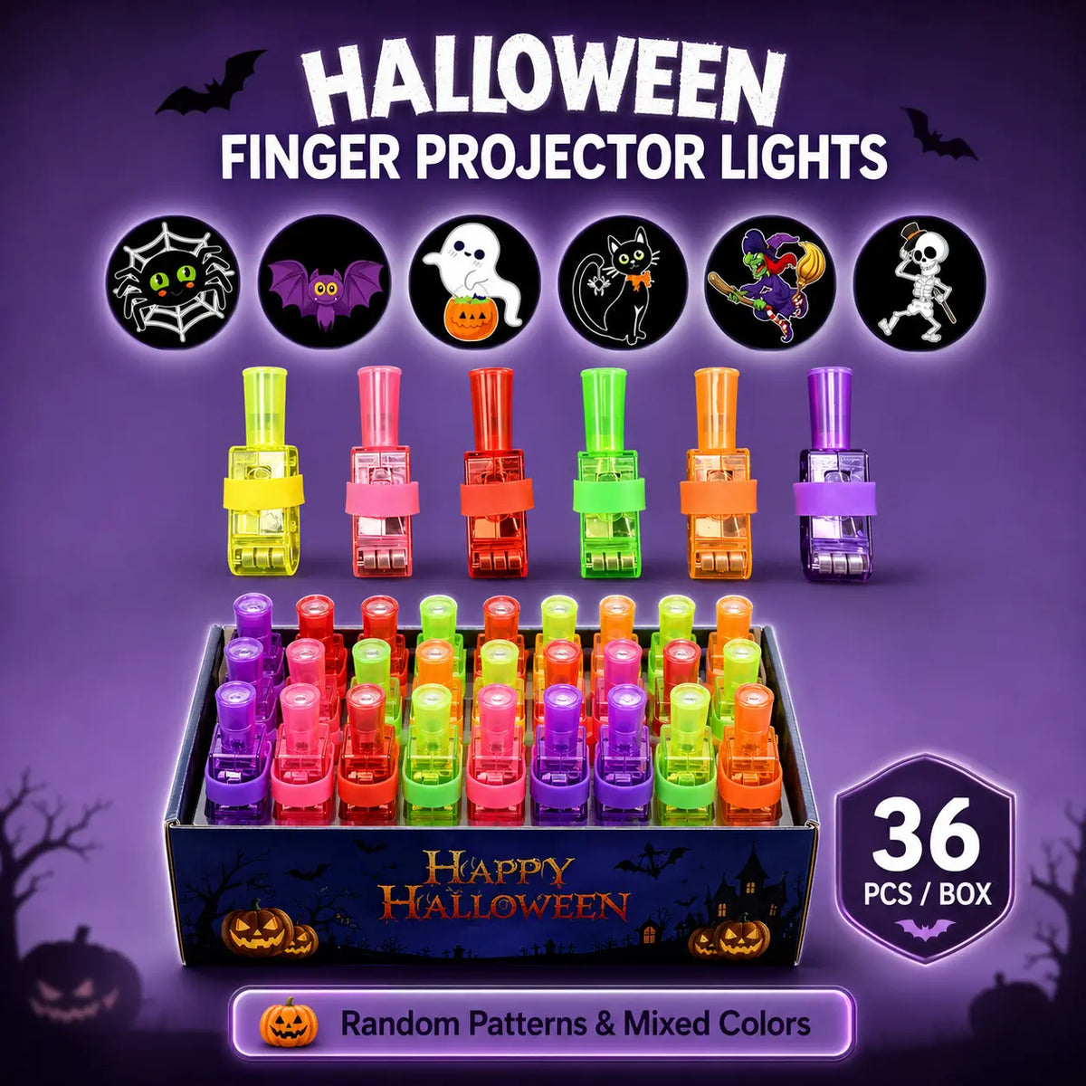 36 piece Halloween finger projector lights with six Halloween projection patterns