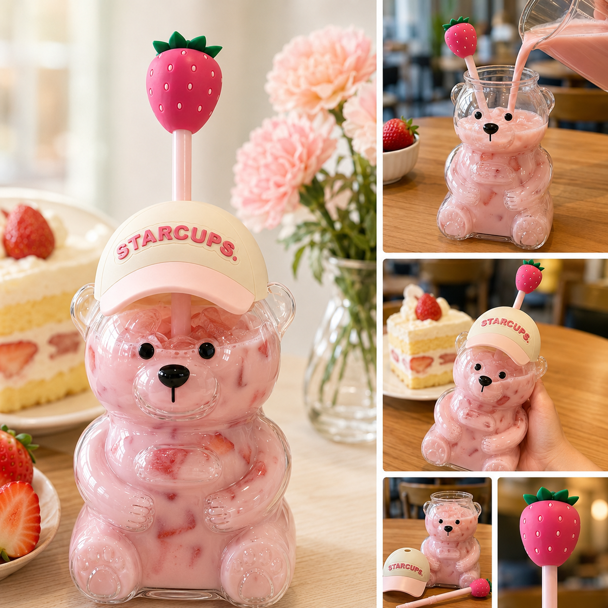 🧸2026 New Cute Beaar Glass Tumbler with Bear Lid & Strawberry Straw✨