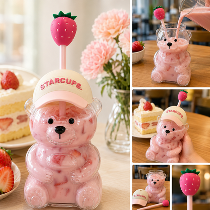 🧸2026 New Cute Beaar Glass Tumbler with Bear Lid & Strawberry Straw✨
