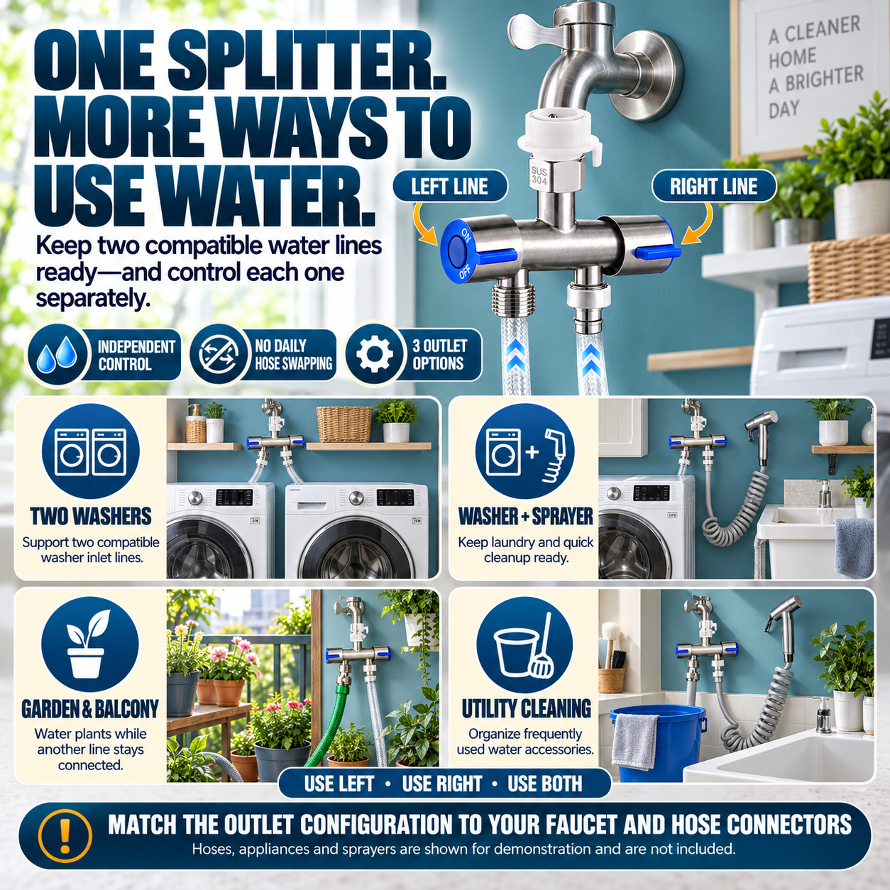 🚿 SUS 304 Dual-Control Faucet Splitter – 2-Way Hose & Washing Machine Adapter