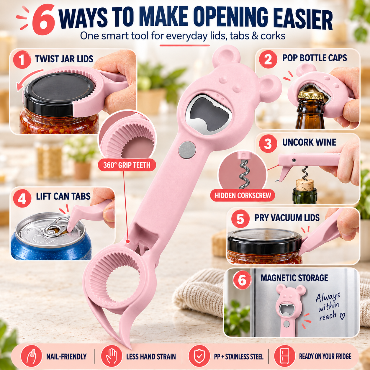 🐰 6-in-1 Magnetic Rabbit Opener – Jar, Bottle, Can & Wine Opening Tool