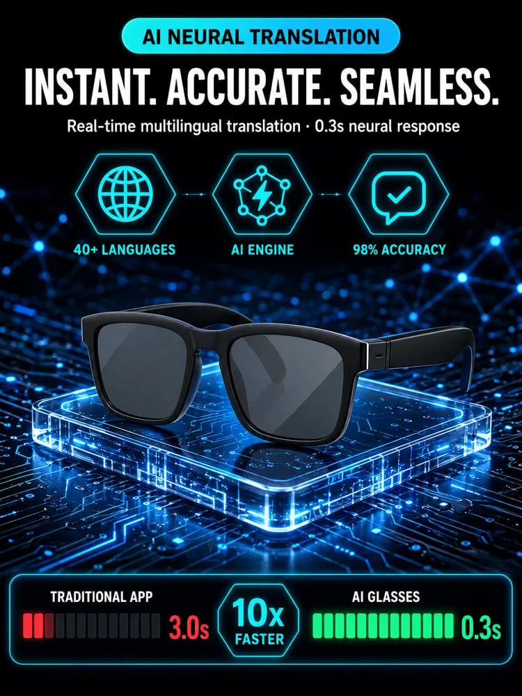 🕶️ AI Smart Translation Glasses – Real-Time Language Translator Glasses with Photochromic Lenses & HD Audio for Travel and Business