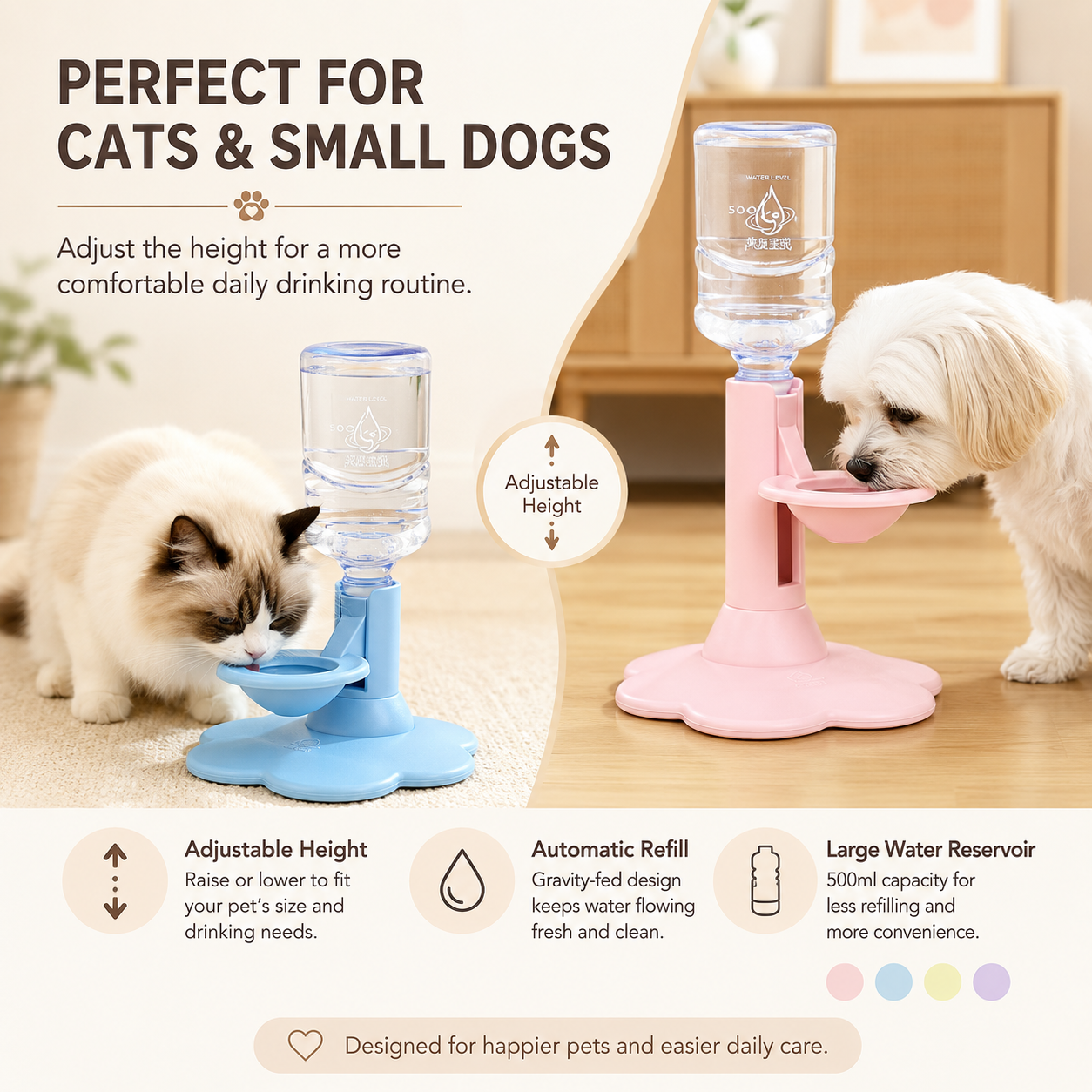 🐾 Adjustable Height Pet Water Dispenser – Self-Filling Gravity Water Bowl for Cats & Small Dogs