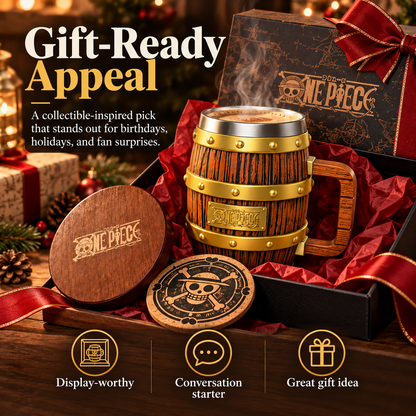 🪵Pirate Barrel Mug Set – Rustic Adventure-Inspired Mug with Lid & Coaster