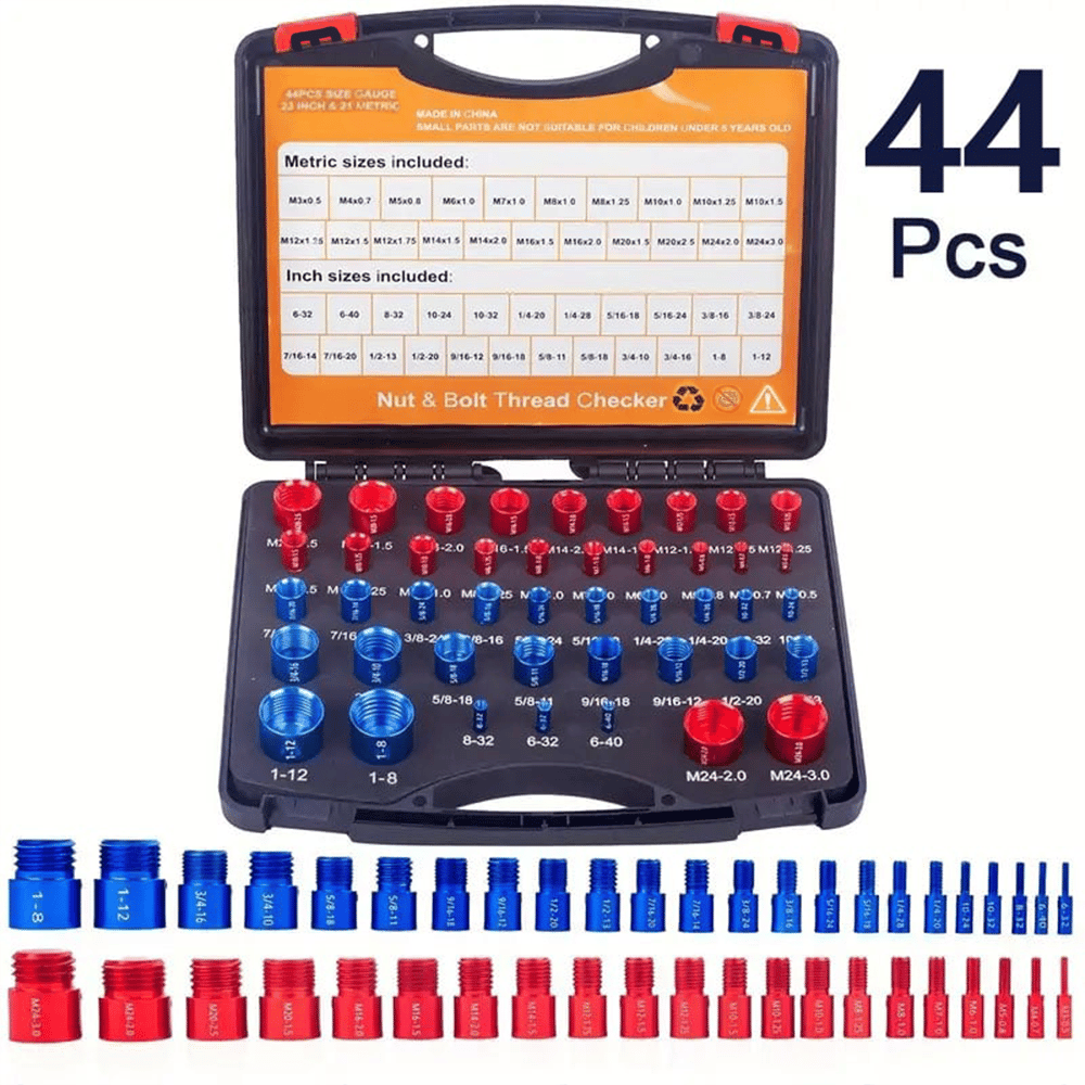 📏 Portable Bolt & Nut Size Gauge – 44-Piece Inch & Metric Thread Checker, Clear Markings, Stainless Steel, Tool Box Included