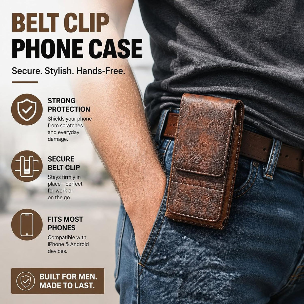 📱 Men’s Belt Phone Pouch – Magnetic Closure with Card Slot & Metal Clip