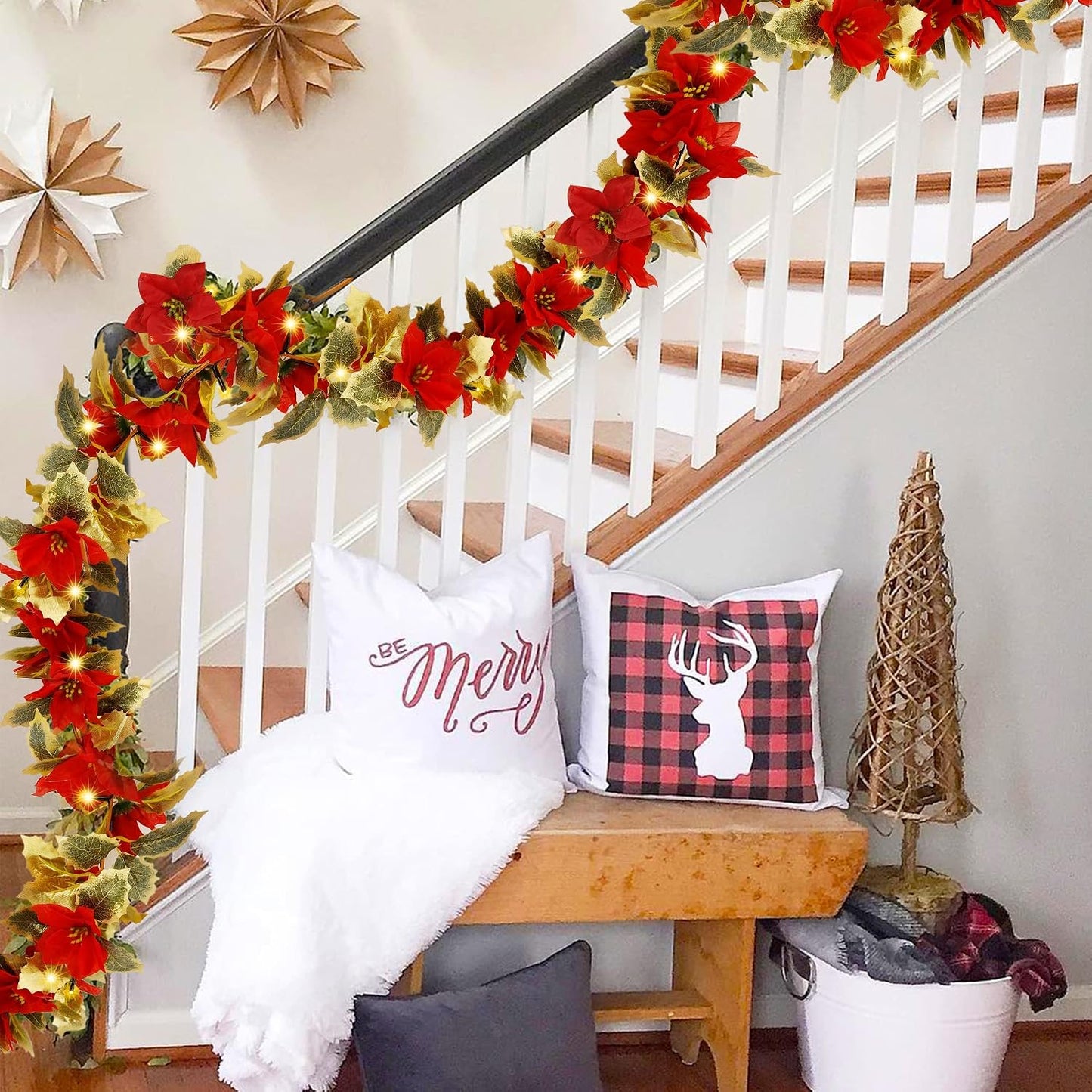 🎄 Red Poinsettia Christmas String Lights | LED Tree & Staircase Holiday Decor