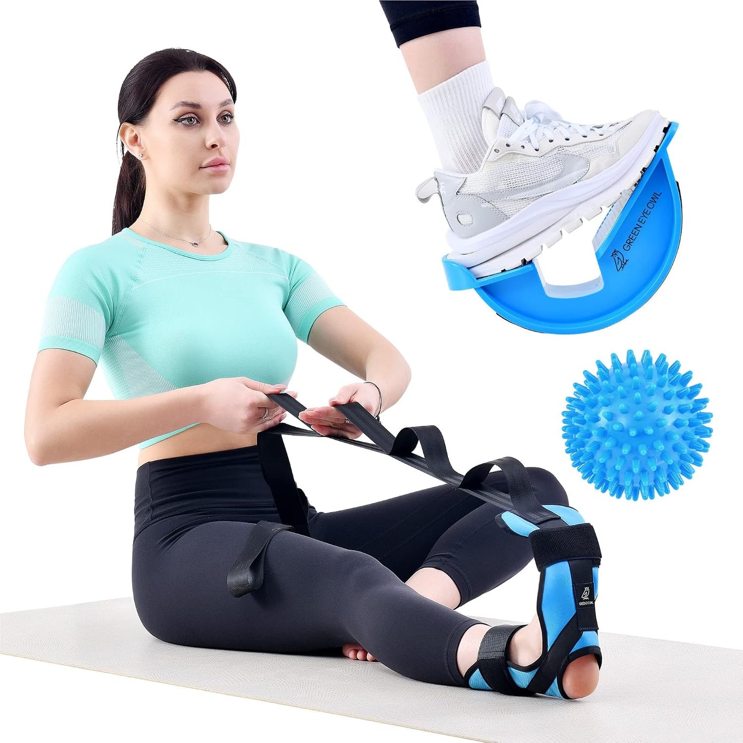 Foot &amp; Calf Stretching Kit-Foot Rocker, Stretching Strap &amp; Spiky Massage Ball-Effective Pain Relief for Plantar Fasciiti