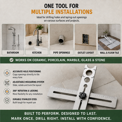 Stainless Steel Tile Positioning Ruler – Adjustable Drill Guide & Measuring Tool for Ceramic, Marble & Wall Tile