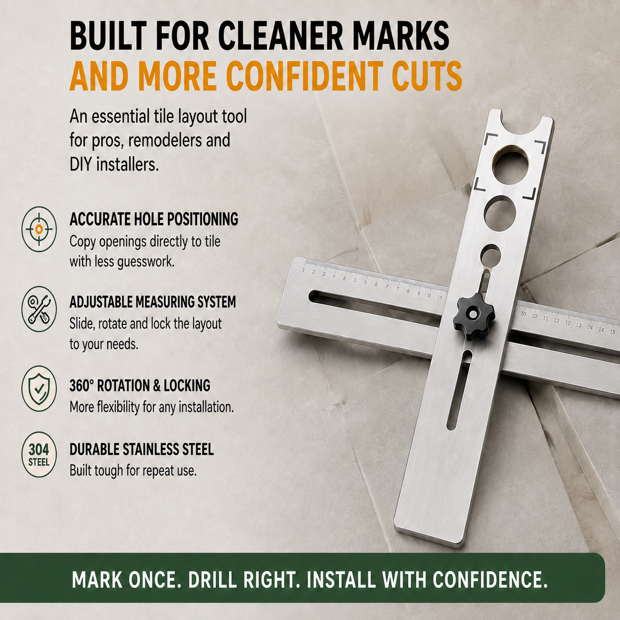 Stainless Steel Tile Positioning Ruler – Adjustable Drill Guide & Measuring Tool for Ceramic, Marble & Wall Tile