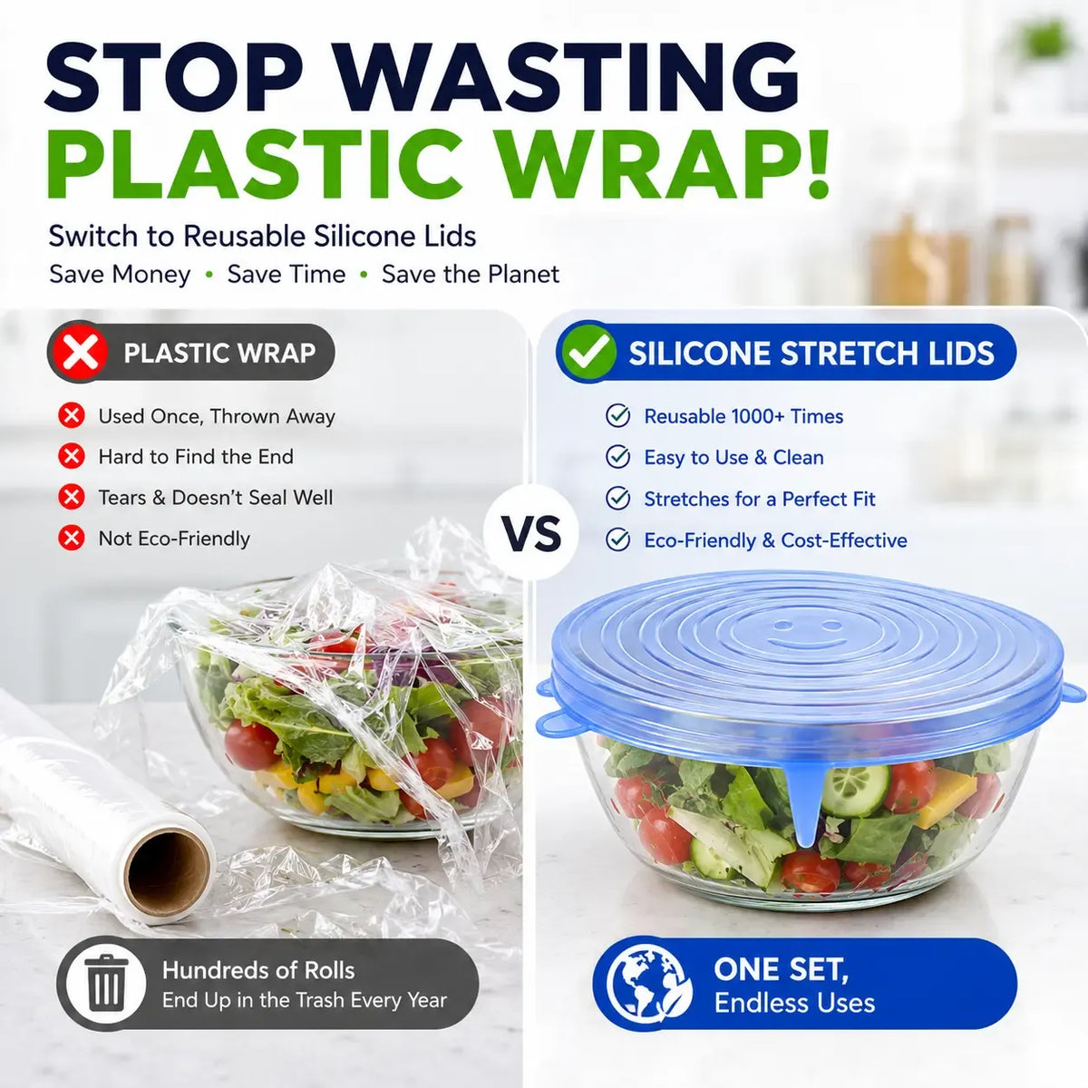 6 Pack Silicone Stretch Lids, Reusable Food Grade Silicone Container Cover