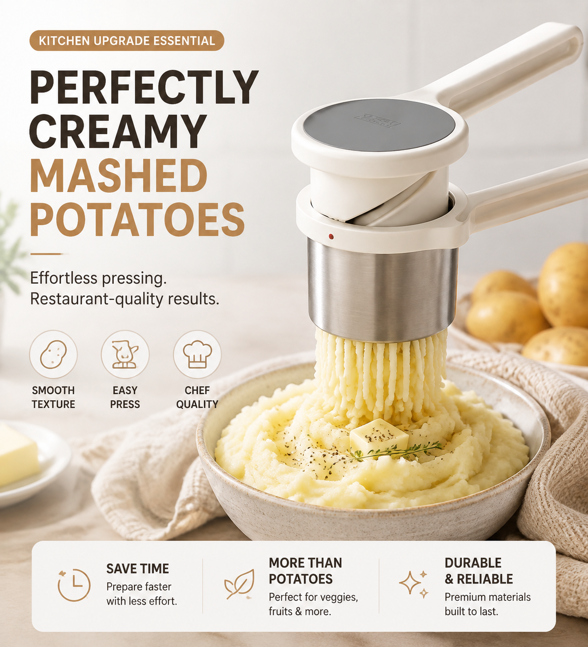 🥔 Rotary Potato Ricer Press – Create Creamy Restaurant-Style Mashed Potatoes Easily