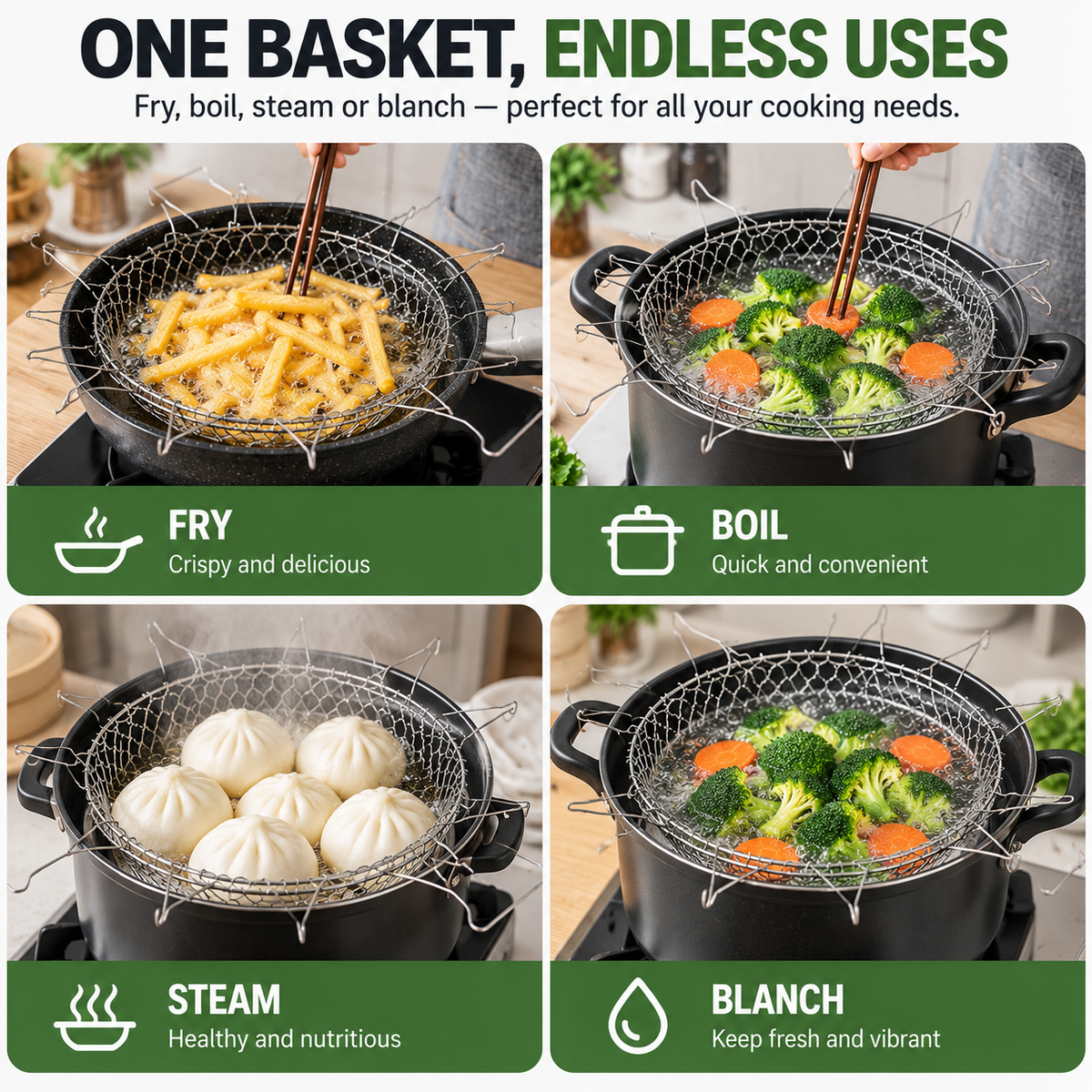 Foldable basket shown frying boiling steaming and blanching foods