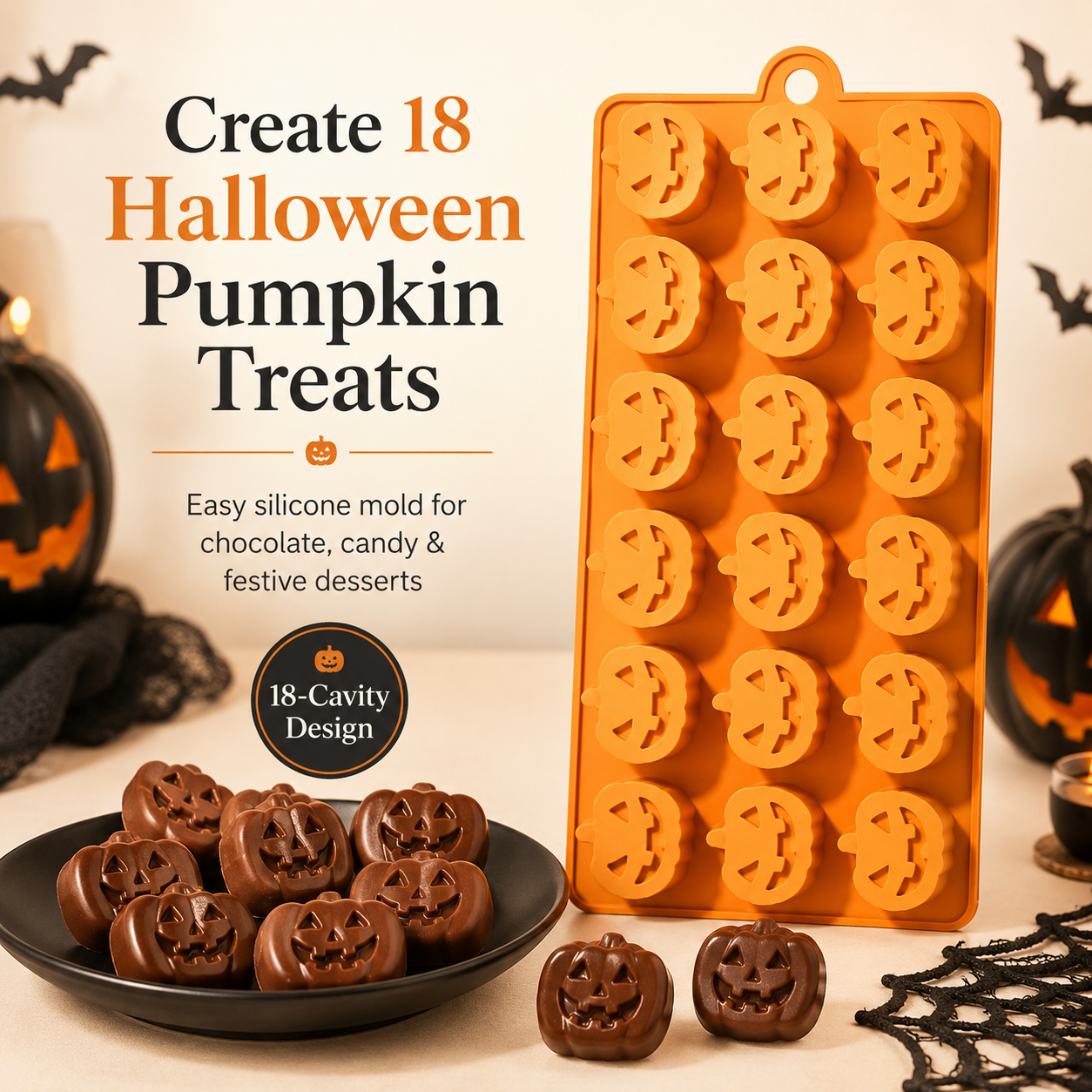 🎃 18-Cavity Halloween Pumpkin Silicone Mold | DIY Chocolate & Candy Treat Maker🍫