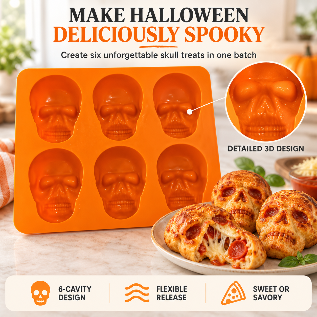 💀 6-Cavity Silicone Skull Baking Mold – Halloween Pizza, Cake & Treat Maker