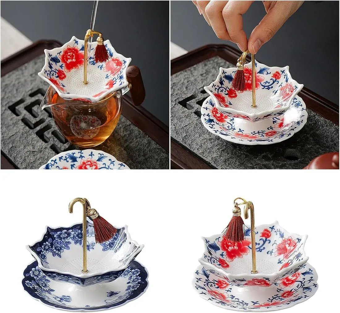 🍵 Ceramic Tea Strainer with Saucer – Blue & White Umbrella Loose Leaf Tea Filter