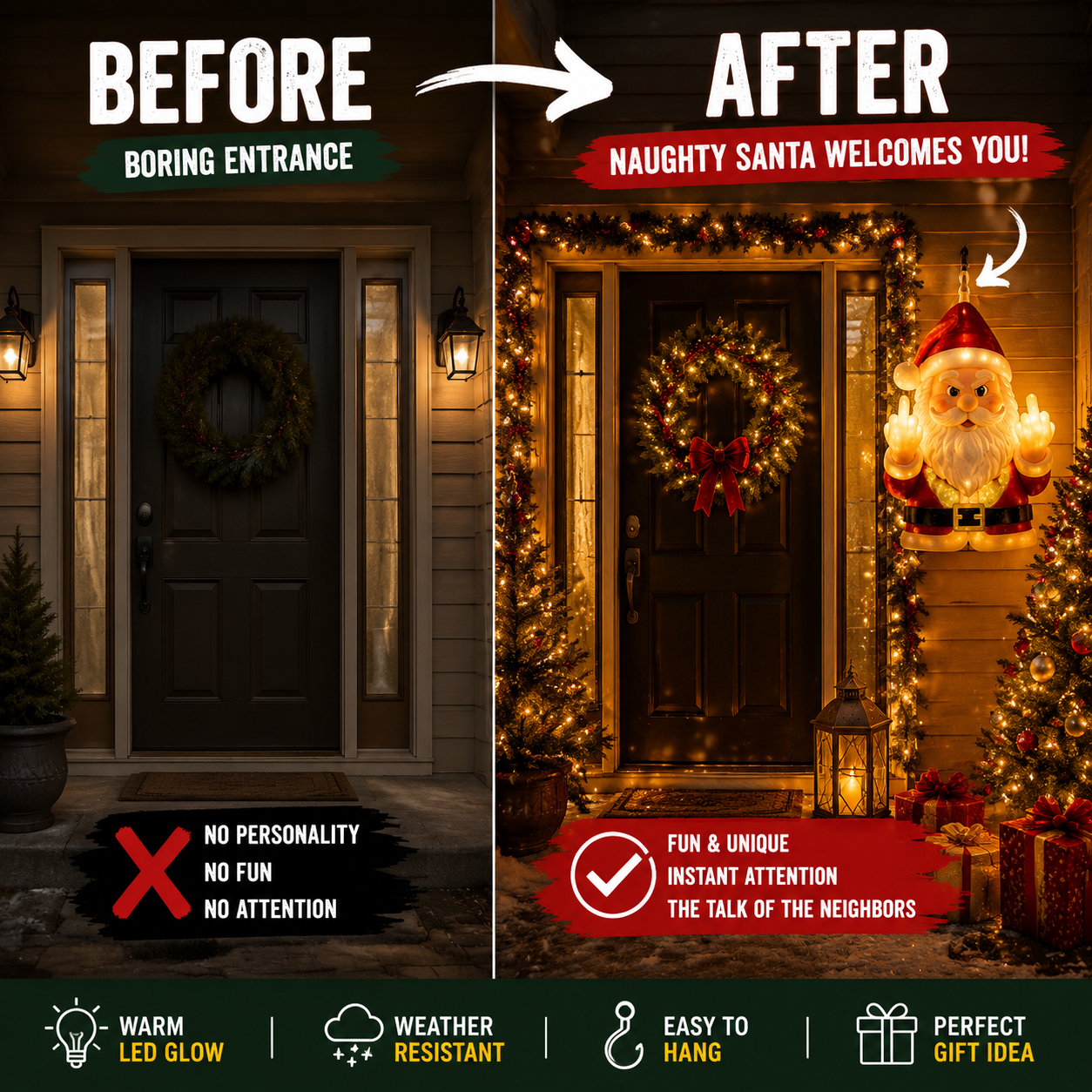 🎅 Naughty Santa Christmas Light Decor – Funny Cheeky LED Holiday Wall Hanging Decoration for Front Door & Porch