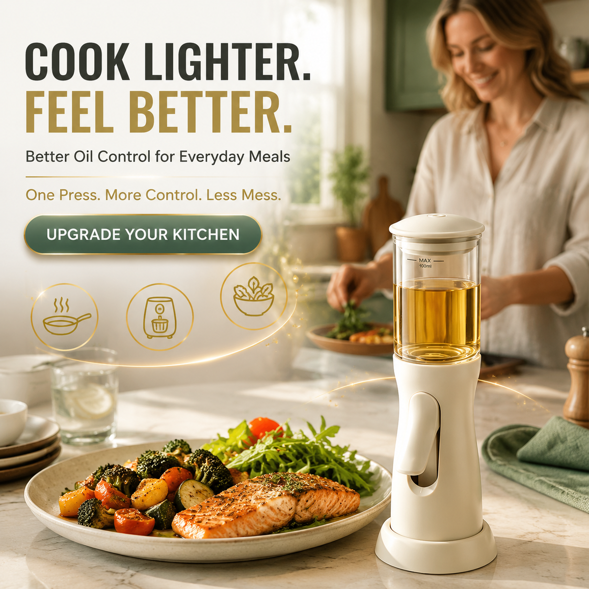 ✨ 100ml Bottom-Spray Cooking Oil Mister – One-Hand Precision Oil Sprayer with Protective Base