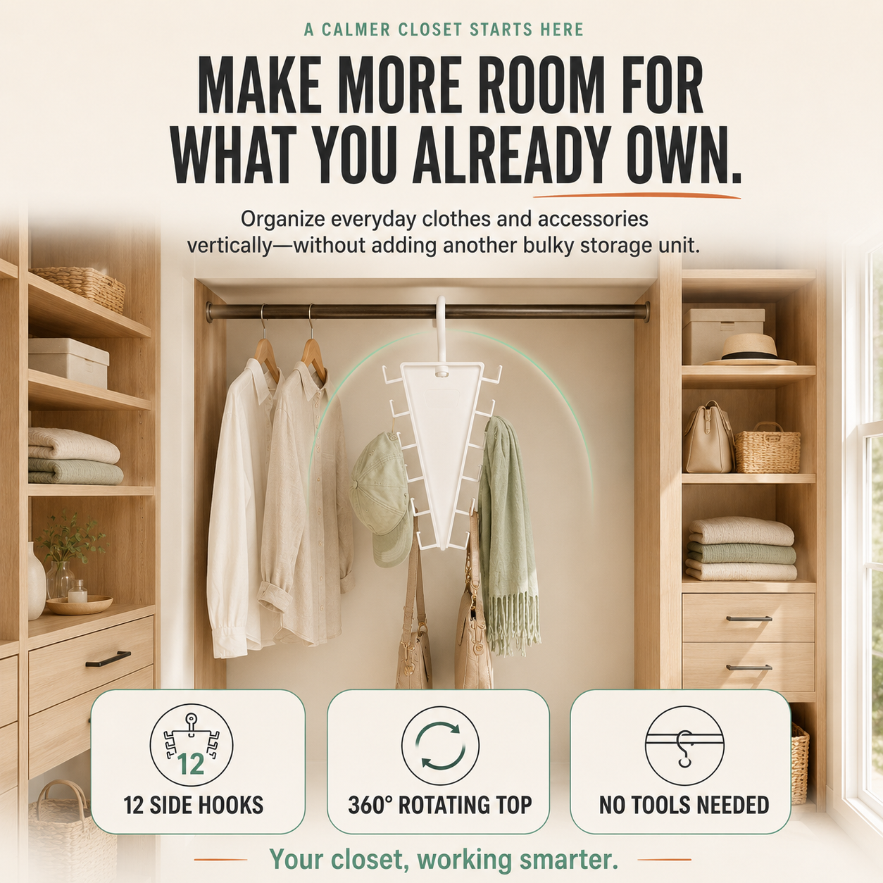 ✨ 12-Hook 360° Rotating Space-Saving Closet Organizer for Clothes, Hats & Bags