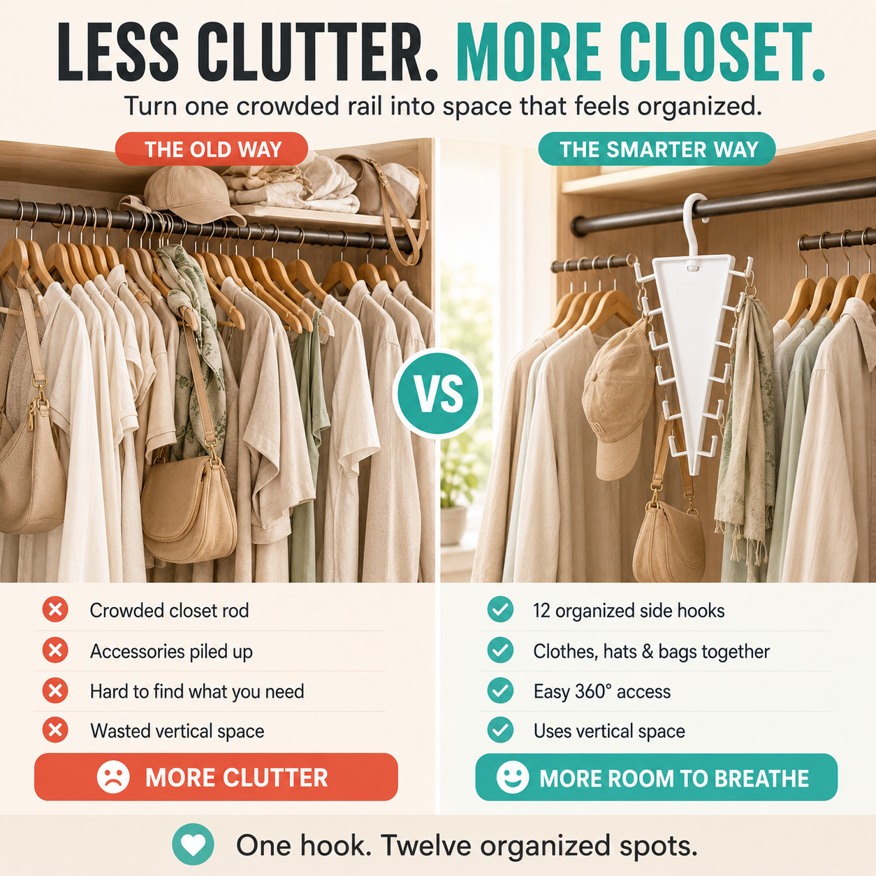 ✨ 12-Hook 360° Rotating Space-Saving Closet Organizer for Clothes, Hats & Bags