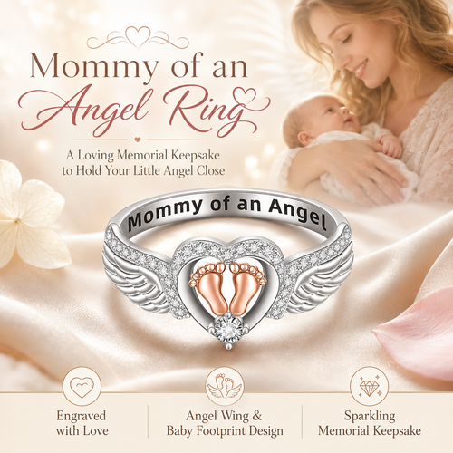 Mommy of an Angel Memorial Ring – Angel Wings & Baby Footprints Keepsake Jewelry