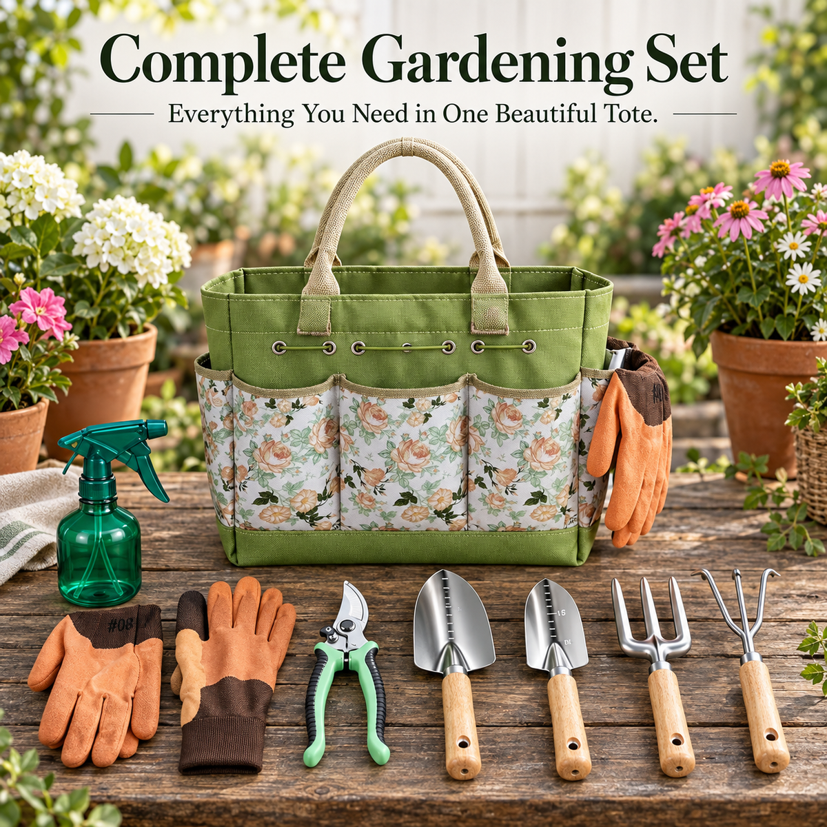 Bloom & Grow Floral Gardening Gift Set with Tool Tote