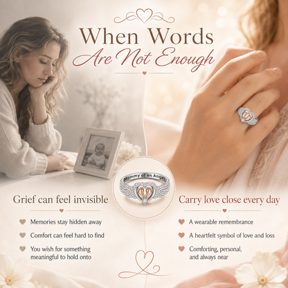 Mommy of an Angel Memorial Ring – Angel Wings & Baby Footprints Keepsake Jewelry