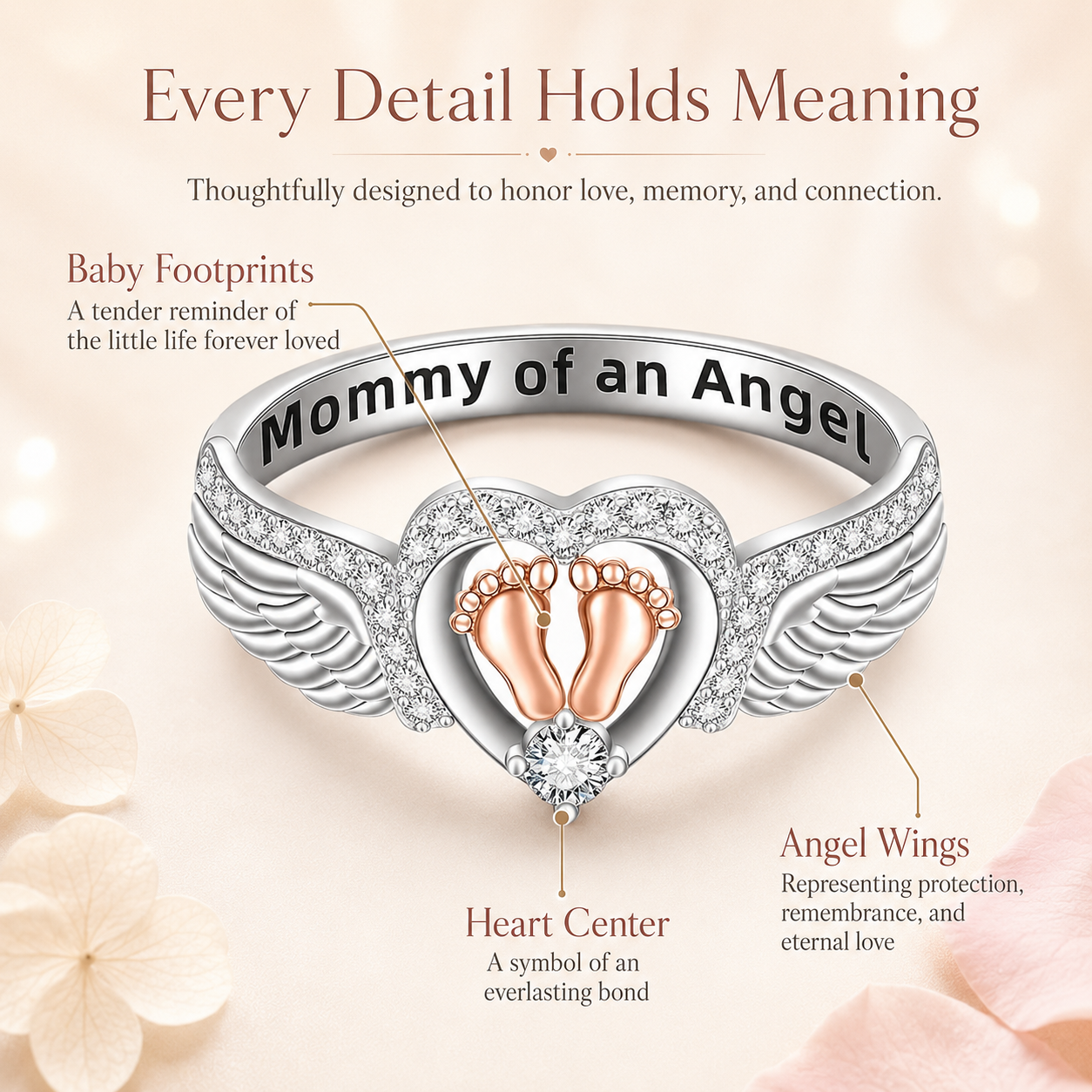 Mommy of an Angel Memorial Ring – Angel Wings & Baby Footprints Keepsake Jewelry
