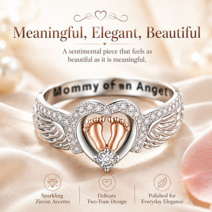 Mommy of an Angel Memorial Ring – Angel Wings & Baby Footprints Keepsake Jewelry