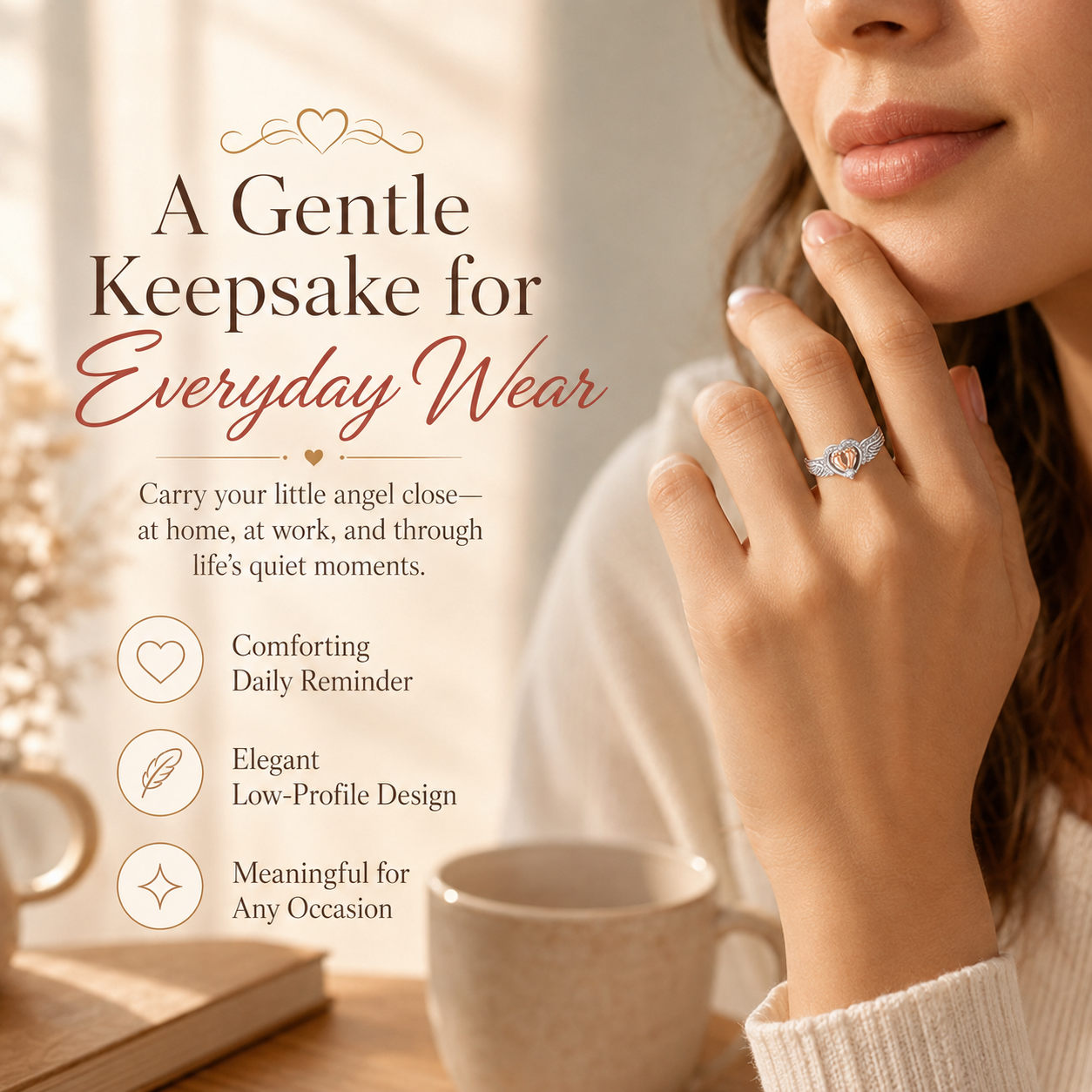 Mommy of an Angel Memorial Ring – Angel Wings & Baby Footprints Keepsake Jewelry