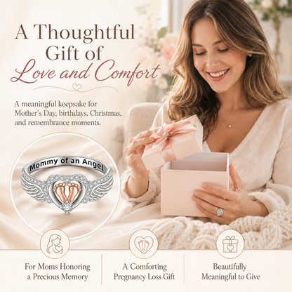 Mommy of an Angel Memorial Ring – Angel Wings & Baby Footprints Keepsake Jewelry