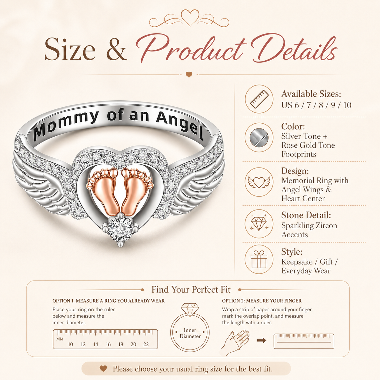 Mommy of an Angel Memorial Ring – Angel Wings & Baby Footprints Keepsake Jewelry