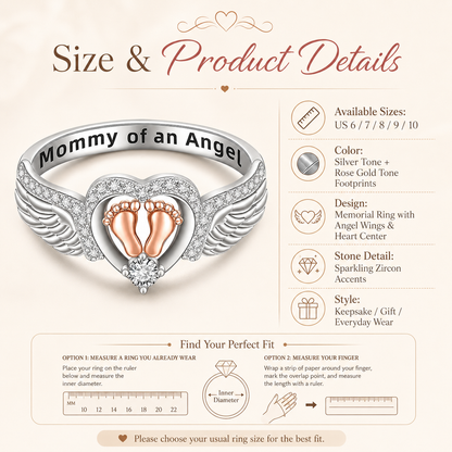 Mommy of an Angel Memorial Ring – Angel Wings & Baby Footprints Keepsake Jewelry
