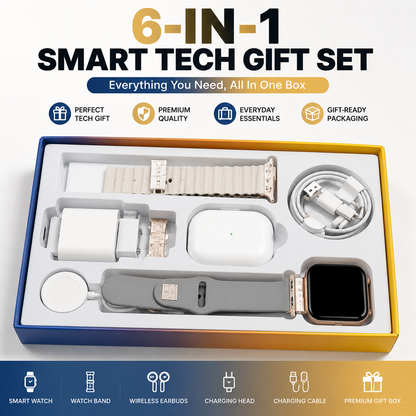 🎁 6-in-1 Smart Tech Gift Set – Smart Watch, Wireless Earbuds & Charging Essentials Kit