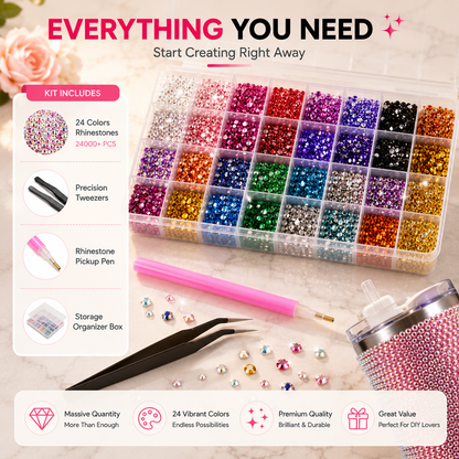 32000PCS Rhinestone Bedazzling Kit – 24 Colors Sparkling Gems for Tumblers, Shoes, Phone Cases & DIY Crafts
