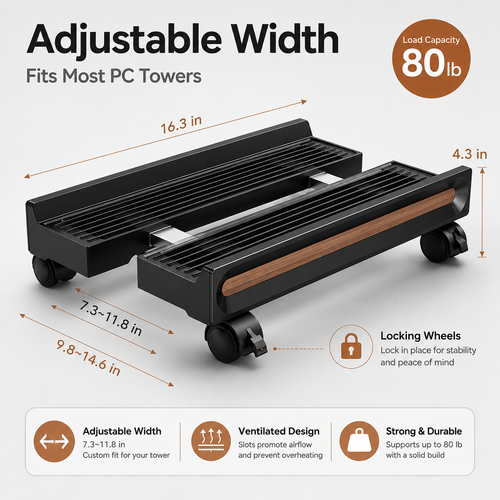 Mobile Computer Tower Stand – Adjustable CPU Holder with Wheels & Ventilated Base for Heat Dissipation