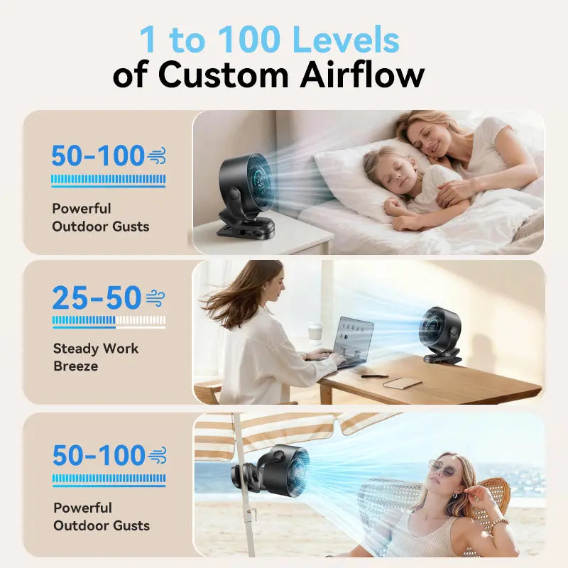 🔥 100-Speed Portable Clip Fan | Ultra Quiet Rechargeable Desk Fan