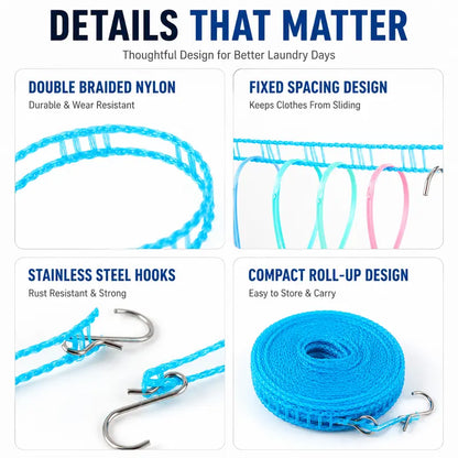 3-Roll Portable Non-Slip Clothesline – Windproof Travel Laundry Line for Camping, Hotel & Home