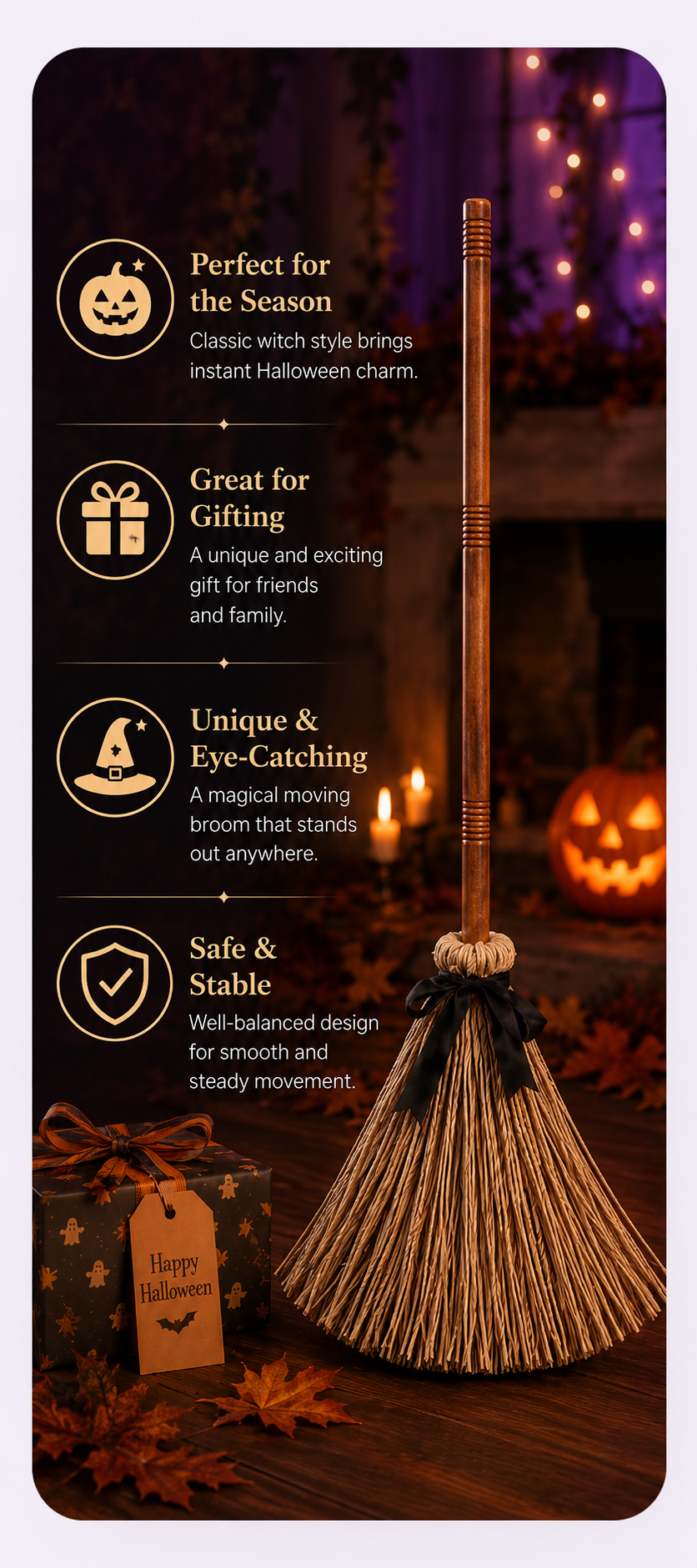 🧹 Animated Witch Broom Halloween Decor