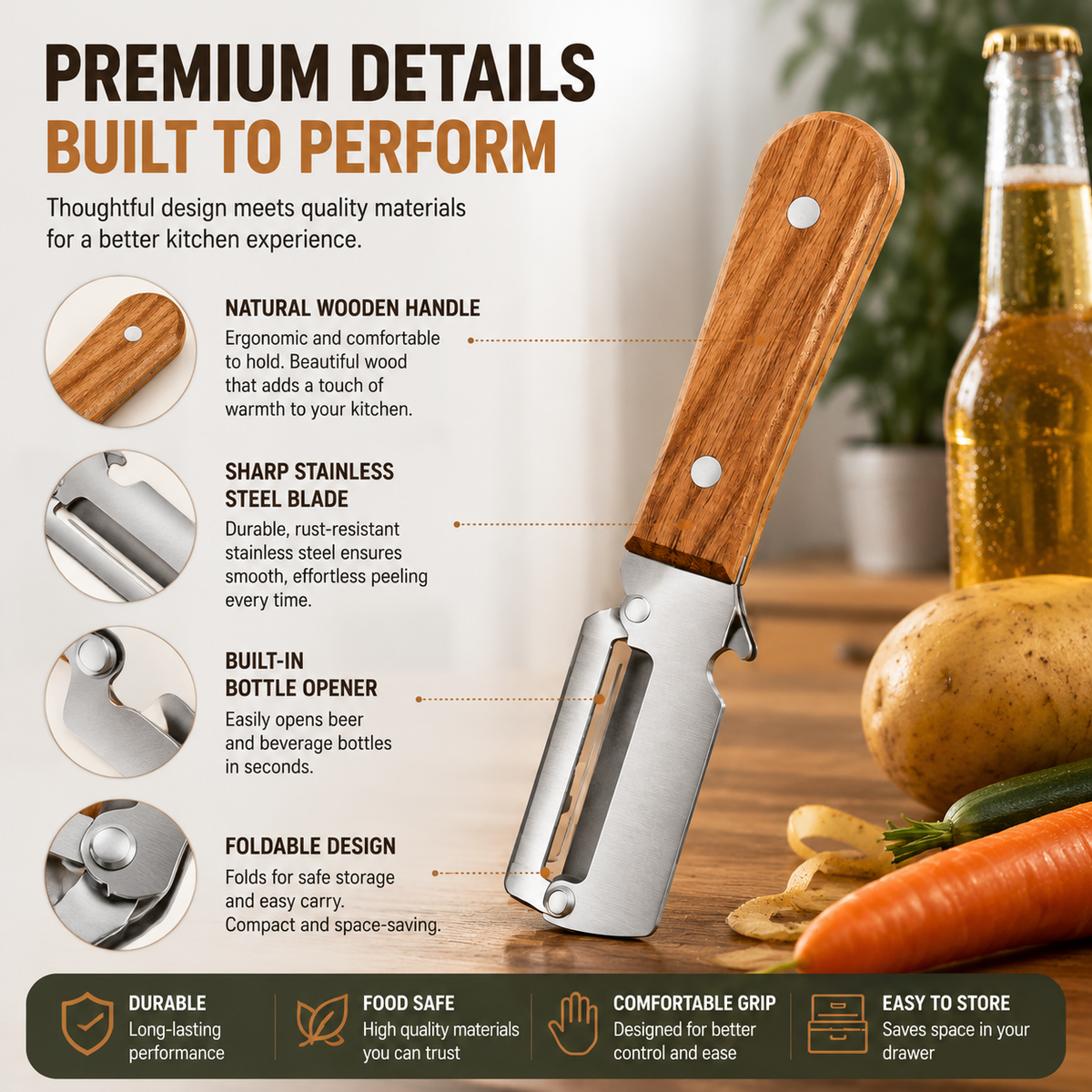 🔪 2-in-1 Wooden Kitchen Peeler & Bottle Opener – Peel, Open & Simplify Your Cooking