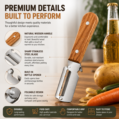 🔪 2-in-1 Wooden Kitchen Peeler & Bottle Opener – Peel, Open & Simplify Your Cooking