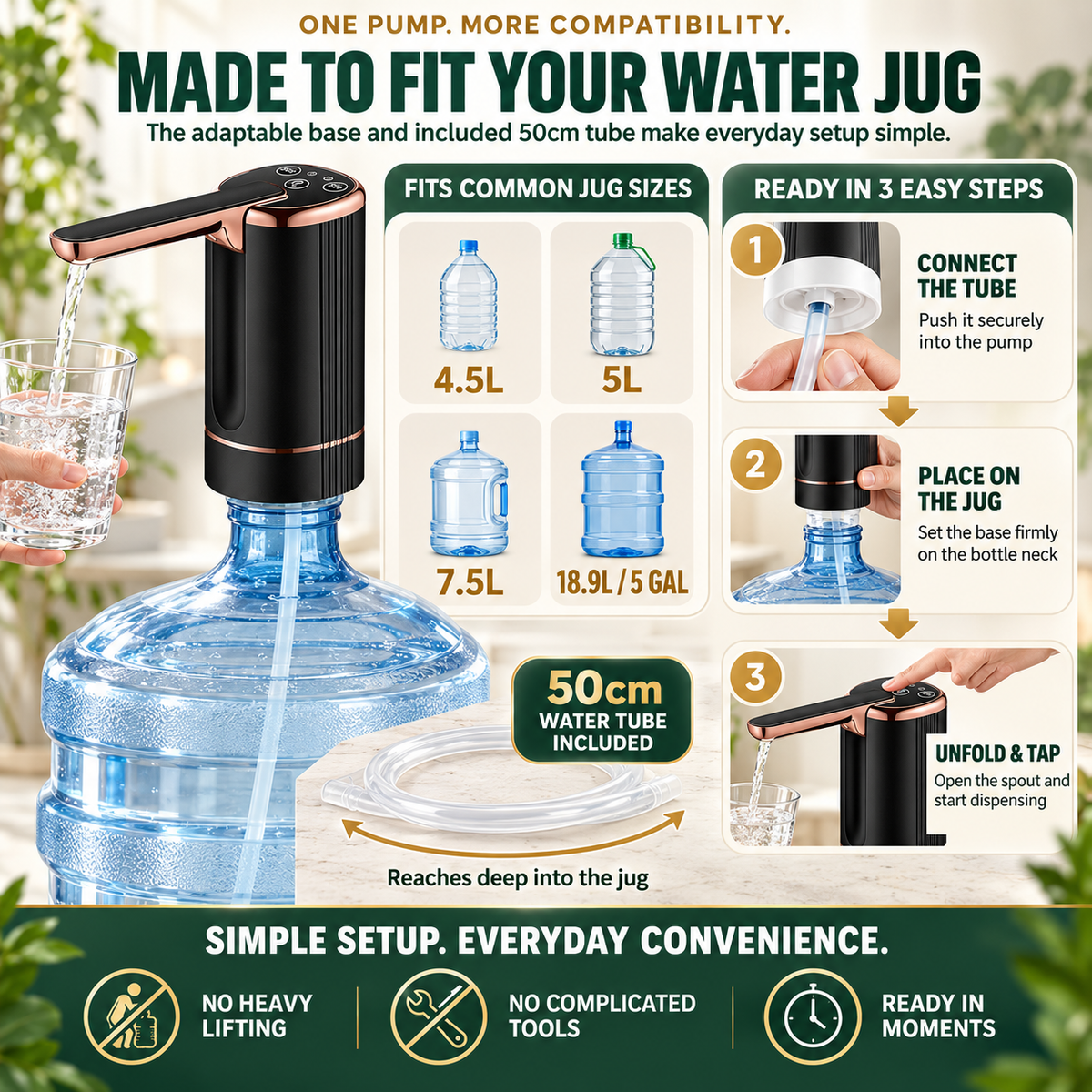 💧 Rechargeable Automatic Water Bottle Pump – 3-Mode Timed Dispenser with Foldable Spout