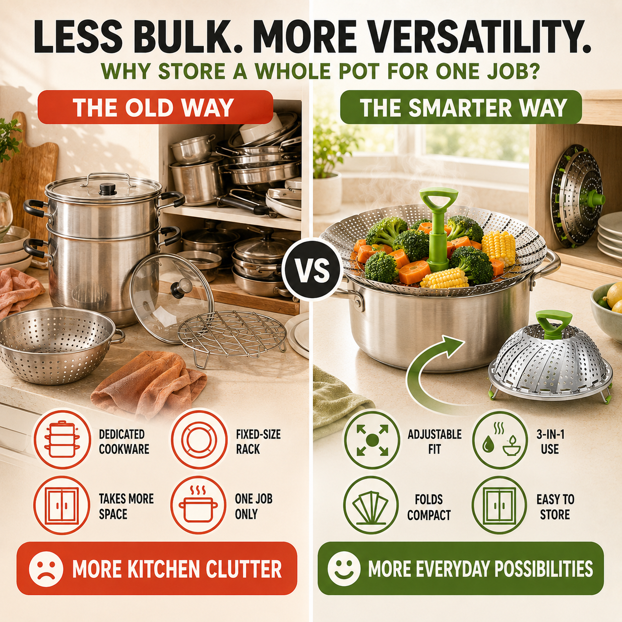 🥦 3-in-1 Adjustable Folding Steamer Basket – Steam, Rinse & Serve