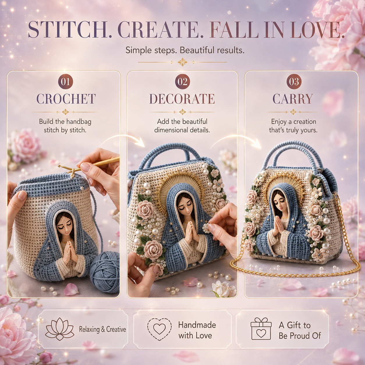 🧶 Dreamy 3D Crochet Handbag DIY Kit – Create Your Own Floral Pearl Purs