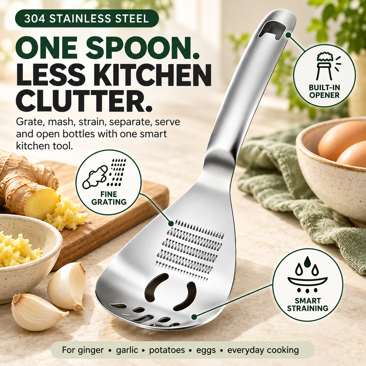 🥄 6-in-1 304 Stainless Steel Multi-Function Grater Spoon – Grate, Mash, Drain & Serve
