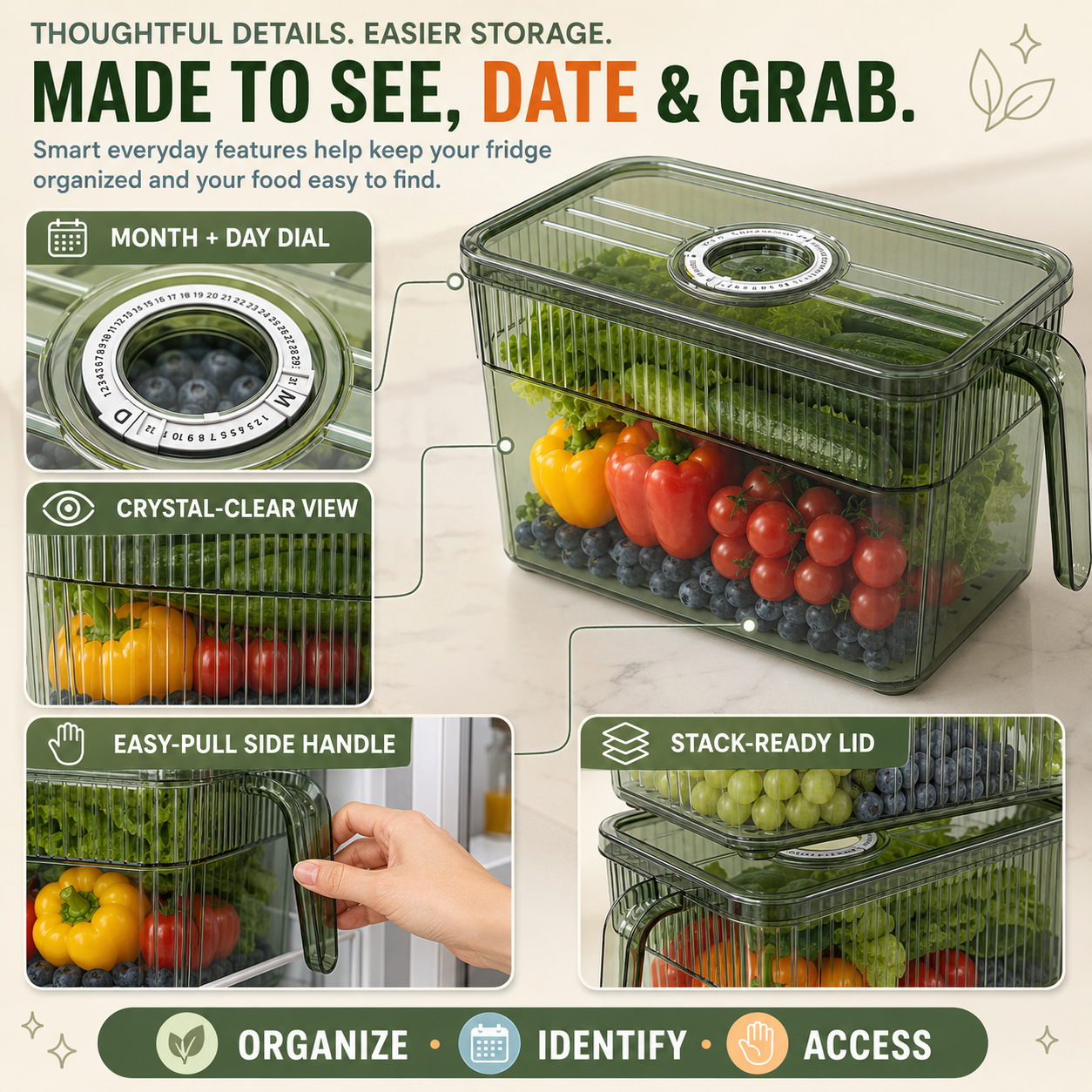 🥬 Stackable Refrigerator Produce Storage Box with Date Dial, Drain Basket & Easy-Pull Handle