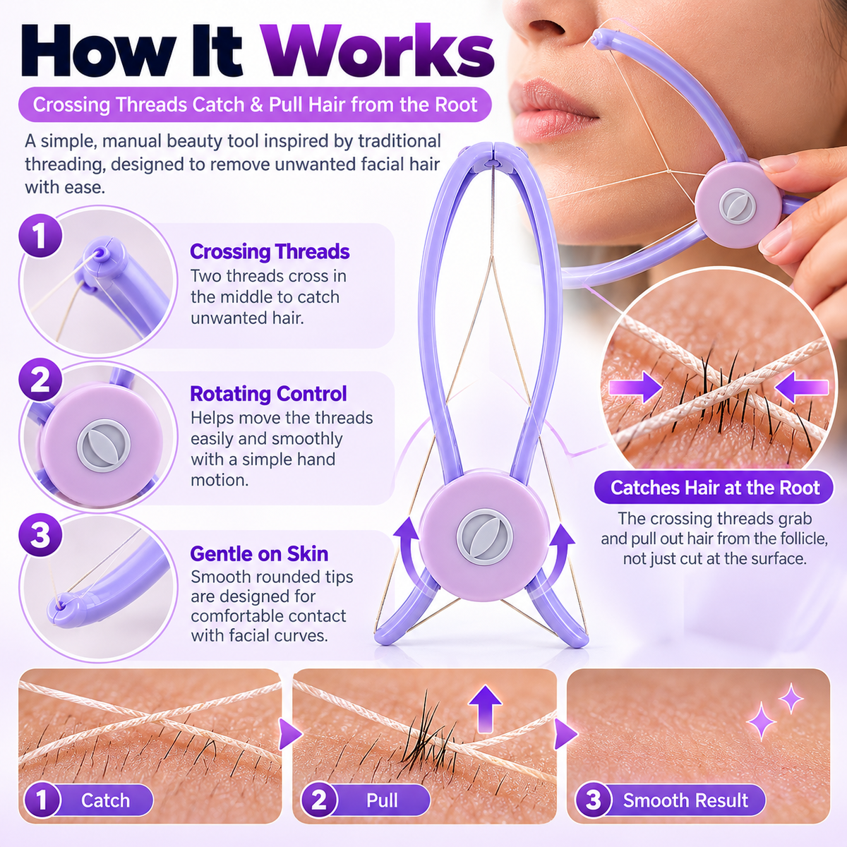 ✨ Facial Threading Hair Remover – Easy At-Home Peach Fuzz & Upper Lip Hair Removal