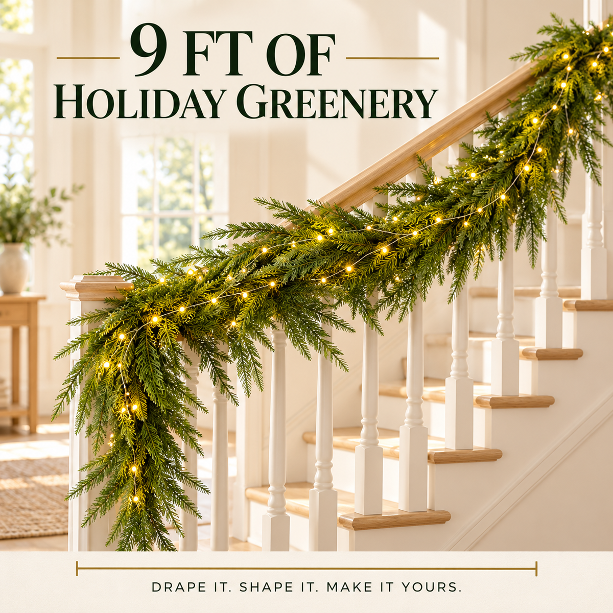 🎄 9FT Evergreen Christmas Garland | Lush Holiday Greenery for Mantels, Staircases & Entryways