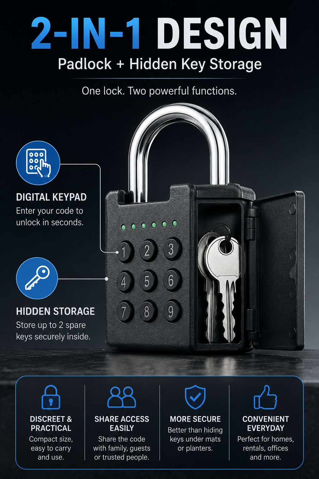 🔐 Digital Keypad Padlock with Hidden Spare Key Storage 🔑