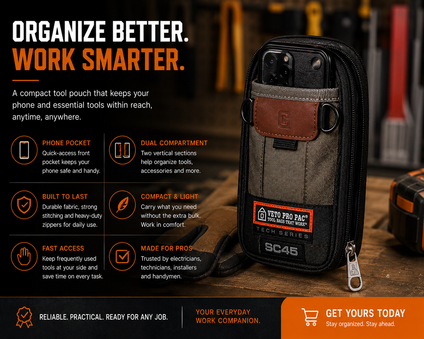 🔧 Compact Technician Tool Pouch with Phone Pocket & Dual-Layer Storage
